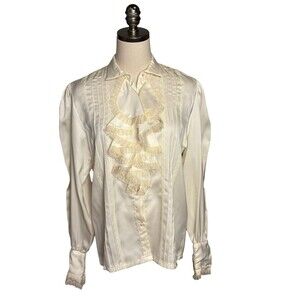Vintage 60's 70's Satin Ruffled Button-Up Blouse Feminine Romantic Edwardian M